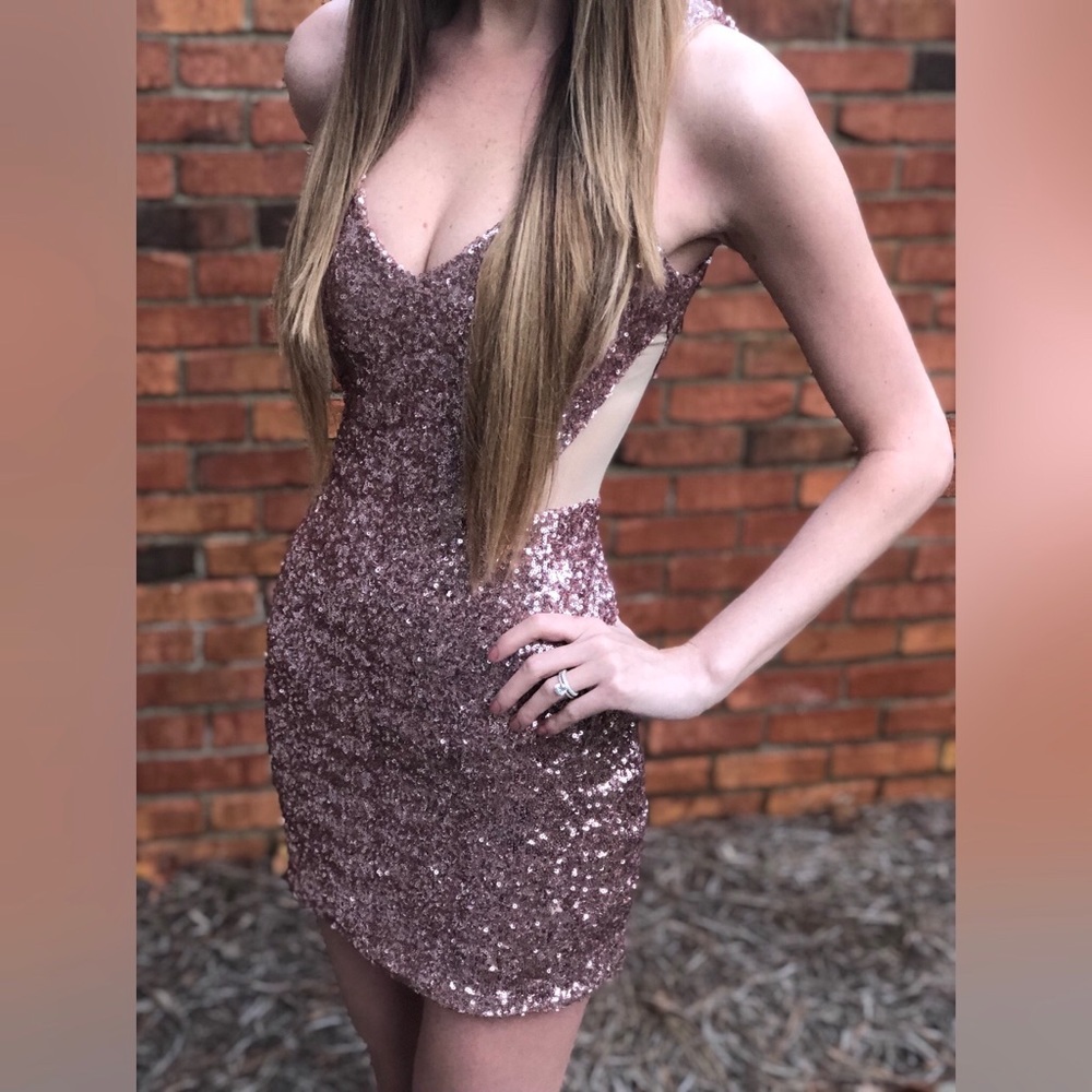 Rose Gold Bebe Mesh Cutout Cocktail Dress